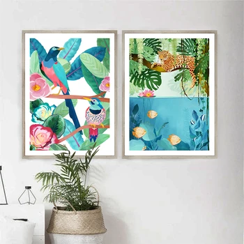 Jungle Tiger Art Postere si Printuri Abstracte Colorate Păsări Și Pești de Perete de Arta Pictura pe Panza Tablou Decor Acasă Nici un Cadru