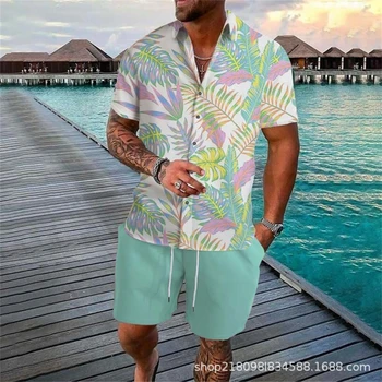 Moda Cămașă Hawaiană Și Pantaloni Scurți Set Barbati Maneca Scurta Casual De Vara Tricou Vrac Plajă Două Seturi De Piese