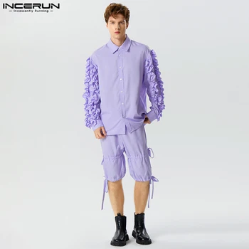 INCERUN 2023 Stil American pentru Bărbați Seturi Casual cu Mâneci Lungi Tricouri pantaloni Scurți de sex Masculin Frumos Dantelă Despicare Solid cu Două Seturi de piese S-5XL