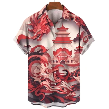 Mai nou Dragon Anul 2024 Imprimare 3d Cămașă Hawaiană Barbati Tricou de zi cu Zi a Animalelor Camasa Casual Pentru Barbati de Moda de Îmbrăcăminte pentru Bărbați Bluze
