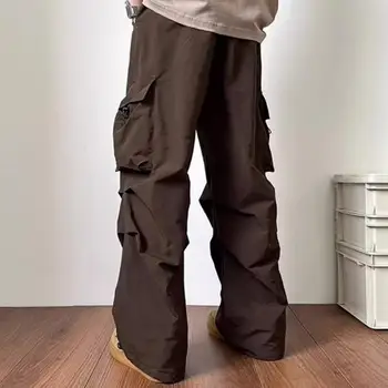 Pantaloni de Culoare solidă Supradimensionate, Pantaloni Vintage-inspirat pentru Bărbați Pantaloni de Marfă Supradimensionate Largi Picior Multi Buzunare Moale Respirabil de Înaltă