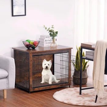 Cușcă pentru câine Mobilier cu Perna, pardoseală de Lemn Ladă Câine de Masă, Dublu-Usi Câine Mobilier, Canisa de Câine de Interior pentru Small/Medium