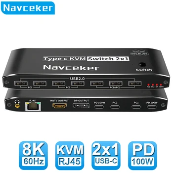 Navceker 2x1 8K Thunderbolt 4 USB-C Switch KVM RJ45 100W PD Taxa 4K 144Hz Tip C KVM Switch Comutator pentru 2 calculatoare 1 Monitor