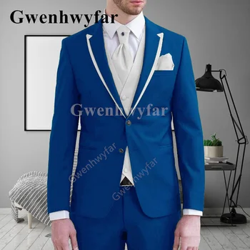 Gwenhwyfar Nouă Tendință în Stil Bărbați Splicin Vârf Revere Jacheta Costum de Moda de Nuntă Mirele Petrecerea Royal Blue 3 piese Tuxedo