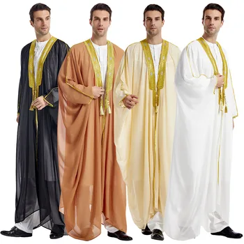 Bărbați musulmani Îmbrăcăminte arabă Broderie Maneca Lunga cu Franjuri de Sifon pentru Bărbați Haina Dubai Turcia Abaya Lux Cardigan Mozaic Caftan