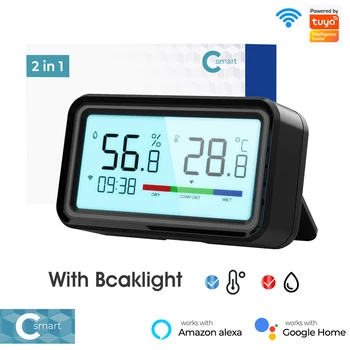 C-Smart Series Tuya WiFi Temperatură Și Umiditate Senzor Inteligent Acasă Higrometru Cu Lumina De Fundal Afișare Timp Pentru Alexa Pentru Google Acasa