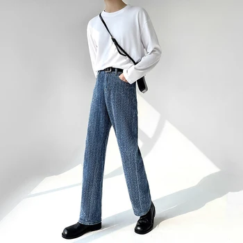 2023 Coreeană De Moda Bărbați Straight Denim Pantaloni Culoare Solidă Butonul Gol Afară Pantaloni Barbati Joggeri Streetwear Lung Blugi Noi U98
