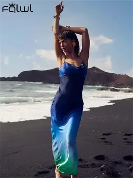 Habbris Toamnă Albastră Fără Mâneci Maxi Rochie De Plajă De Vacanta Pentru Femei 2023 Prada Spatele Gol Rochie Lunga Gradient Bretele Rochie
