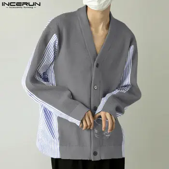 INCERUN Topuri 2023 Stil coreean Oameni Noi cu Dungi Tricotate Cardigan Tricouri Casual la Modă Bine Montarea Bluză cu Mâneci Lungi S-5XL