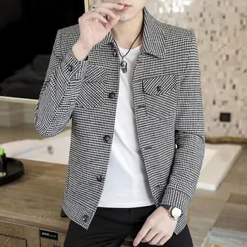Primăvara și Toamna Îmbrăcăminte pentru Bărbați Moda coreeană Checker Sacou Frumos Flip Guler Strat Subțire de Îmbrăcăminte exterioară