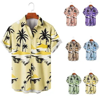 Barbati Bluza de Imprimare Vara Copac de nucă de Cocos Model Hawaiian Supradimensionate Confortabil Topuri Casual Scurtă de Plajă, Îmbrăcăminte de Stradă