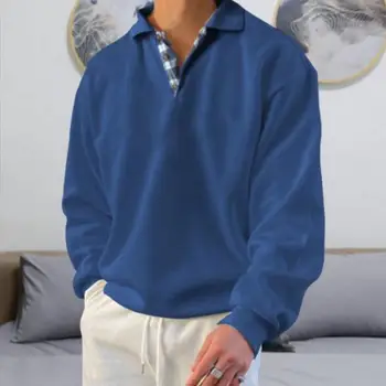 Barbati Tricou Elegant pentru Bărbați Mid-lungime Tricou Vrac Rever Pulover cu Nasturi de Culoare Solidă Plus Dimensiune Ideala pentru Toamna Primavara