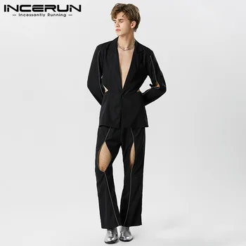 INCERUN 2023 American Bărbați Stil Casual, Seturi Sexy cu Maneci Lungi Costum Pntas Streetwear Bărbat Gol de Îmbinare Benzi Costum 2 Piese S-5XL