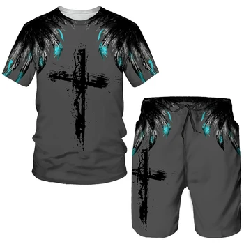 Vara 3D Cruce de Imprimare Tricouri pentru Bărbați/pantaloni Scurți/Costum cu Maneci Scurte Isus Creștin Streetwear Regele Leu 2 Buc Supradimensionate Set de Trening