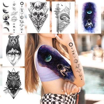 Acuarelă Albastru Galaxy Space Om Tatuaje Temporare Pentru Femei Pământ Planete Lanțuri Tatuaje Corp Braț Art Fals Craniu Autocolante Tatuaj