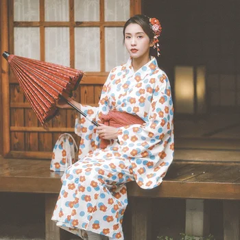 Bumbac Japonez Stand Guler Roșu Albastru Florale Imprimate Kimono Curea Cardigan Femei Îmbunătățit Kawaii Pijamale De Bumbac Din Asia De Streetwear