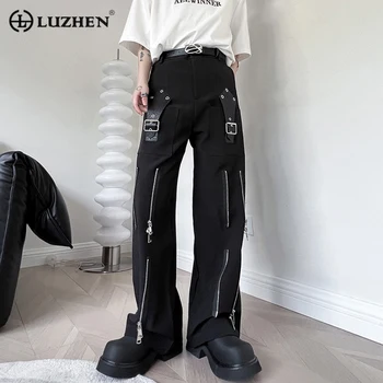 LUZHEN 2024 Elegant High Street Fermoar din Piele Cataramă de Despicare cu Design Casual Pantaloni Bărbați la Modă Originale Pantaloni Drepte Afef08