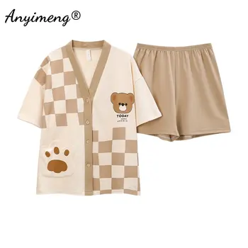 Urs drăguț 100% Bumbac Stil coreean Pijamale de Vară de Înaltă Calitate pentru Femei Pijamale Set Casual Kimono Rever pantaloni Scurți Homesuit pentru Fata