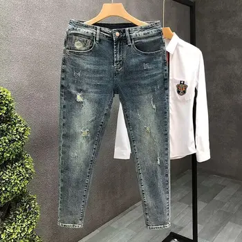 Coreea de Îmbrăcăminte de Lux Barbati Slim Rupt Casual Denim Pantaloni pentru Primavara Toamna Epocă Blugi Skinny pentru Barbati Streetwear Moale Blugi
