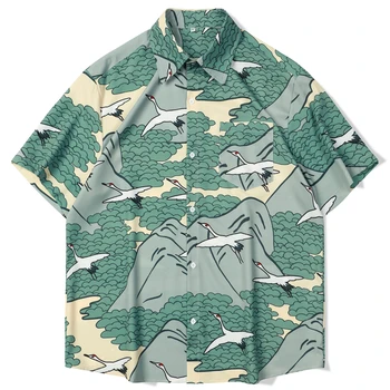 Bărbați Verde Macara Cămașă de Imprimare de Moda cu Maneci Scurte de Vara Barbati Guler de Turn-down Butonul Bluză Casual de Îmbrăcăminte