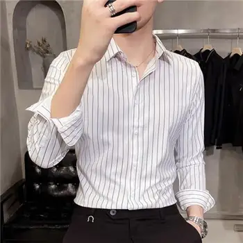 2024 Primavara Toamna de Moda pentru Bărbați Stripe Slim Fit Bluze de sex Masculin Singur Pieptul cămașă Bărbați Birou de Afaceri Tricouri H670