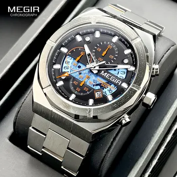 MEGIR Gri Sport Cuarț Ceas pentru Bărbați de Lux Luminos Metal rezistent la apă Ceas de mana cu Curea din Otel Inoxidabil Data, Cronograf
