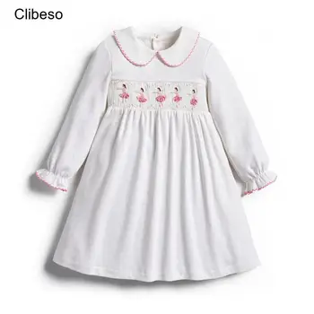 2024 Clibeso Smocked Rochii de Epocă pentru Fetița de Mână Broderie Floare Alba de Bumbac, Costume de Haine Haine Copii