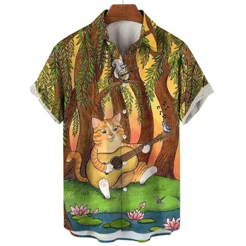 Retro, desen Animat Animale Camasa Pentru Barbati Urs Amuzant Cat de Imprimare 3d Maneci Scurte Moda Hawaiian Tricouri Casual Supradimensionate, Haine Lejere