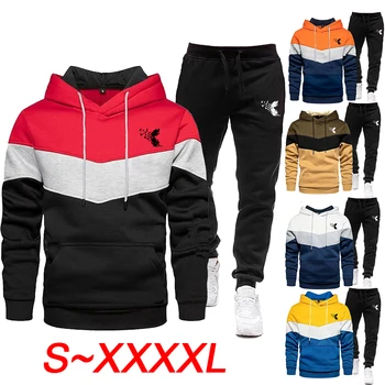 Pene imprimate cu mâneci lungi hoodie sport barbati casual tricolor mozaic hanorac pantaloni 2-bucata jogging set S-4XL