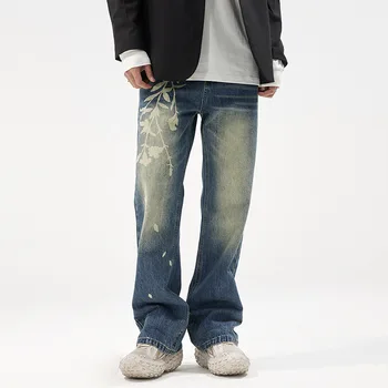 Blugi pentru Barbati Ușor Evazată Trendy Brand Imprimate Pantaloni Largi High Street Pantaloni Largi Blugi Largi Y2K