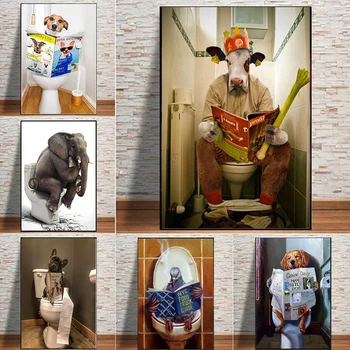 Rezumat Animal Toaletă Creative Poster Câine Ox Elefant Porumbel Lectură Nordic Panza Pictura Imagine Amuzant Toaletă, Baie Decor
