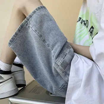 Noi de Vara Barbati Împletit Carouri Blugi Scurte coreeană de Moda Streetwear Umflat Albastru Denim pantaloni Scurți Largi Picior Mare Buzunar de pantaloni Scurți