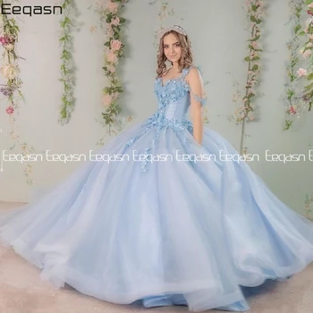 Albastru Rochie Quinceanera 2024 V Gât Dantelă Flori 3D Princess Party Dulce 16 Pageant Rochii Rochie de Minge Vestidos De 15 Ani