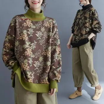 2024 floarea națională print fleece căptușit îngroșa pulover vintage chineză tricoul stand guler camasa guler hanfu topuri