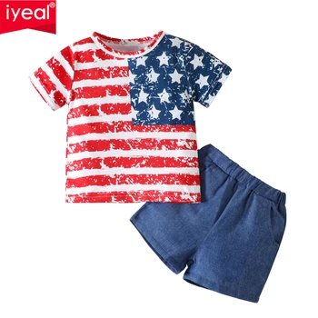 IYEAL Copilul Băieților de Vara Nou Set Star Print Stripe Short Sleeve+Culoare Solidă pantaloni Scurți pentru Băieți Stabilit Ziua Independenței Două Bucata Set