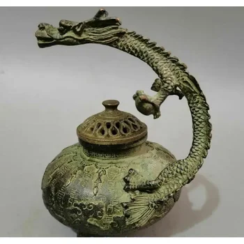 L34 Chineze Vechi de bronz sculptat manual Dragon statuie arzător de tămâie w Xuande Marca