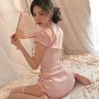 Femei Sexy Cheongsam Lenjerie Uniformă Pijama Rochie Haine Cosplay Doamnelor Clasic de Flori Roz Cheongsam Bandaj Set de Lenjerie de corp NOU