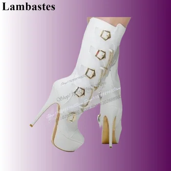 La Jumătatea Vițel Alb Catarama Cizme Cu Platforma Subtire Pantofi Cu Toc Pentru Femei, Cu Fermoar Lateral Rotund Toe 2023 Elegant Zapatos Para Mujere