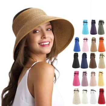 Parasolar Pălării pentru Femei de Paie Largă Refuz Roll-Up Coada de cal Plajă de Vară Pălărie Packable Pliabil Travel