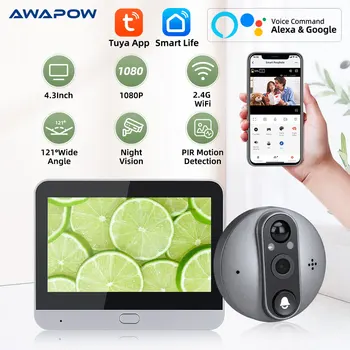 Awapow WiFi Vizor Usa cu Camera 1080P 4.3 Inch Vizor de Usa cu Camera Viziune de Noapte Inteligent Tuya soneria Video Digitale Viewer