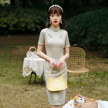 Tradițională Chineză Mandarin Guler Maneca Scurta Șifon Qipao Moda Retro Vintage Femei Fete Genunchi-Lungime Rochie Cheongsam