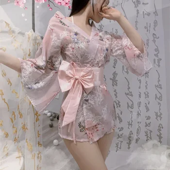 Sexy Broderie Sakura Kimono Japonez Haine Seducatoare Roz Albastru Clasică a se Vedea-prin intermediul Halat de Pasiune Halat de baie Centura Pijamale Costum