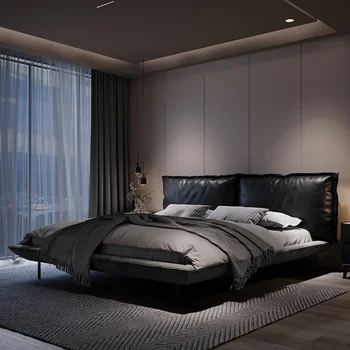 Lumina de lux, moderne, simple, pat matrimonial, mari și mici, de tip apartament, dublu, pat tapitat din piele, pat