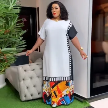 Halat Din Africa Rochii Pentru Femei De Moda Tipărite De Culoare Bloc Mâneci Scurte Gât Rotund Elastic Fante Lungi Rochie Maxi Elegantă Petrecere