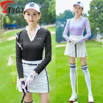 TTYGJ Vara Femei V-neck T-shirt-uri cu mâneci Lungi Slim Tricouri de Golf coreean Zburli Mâneci Topuri Femeile Rapid-uscat Haine de Golf S-XL