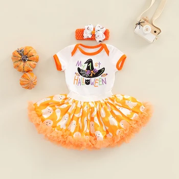 Copilul Fete Fusta Set De Broderie Vrăjitoare Pălărie & Model De Scrisoare De Body + Desene Animate Fantoma Imprimare Balon Fusta + Bow Headband