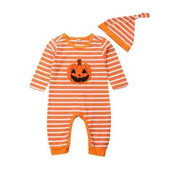 Băiețelul Haine Halloween Dovleac cu Dungi cu Maneca Lunga Print Romper Salopeta si Caciulita pentru Infant Toddler Toamna Tinuta
