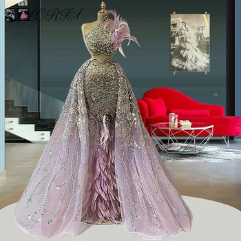 Haute Couture Două Bucăți de Rochii de Seara, Lumina Violet, Margele, Pene de Top fără Mâneci Overskirt Mult Dubai Petrecere, Rochii de vestidos