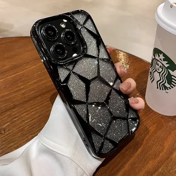 Telefon Caz pentru iPhone 15 14 13 12 11 Pro Max Plus Sclipici Bling 3D Cub de Diamant Marmură Moale TPU rezistent la Șocuri Capacul de Lux Fata