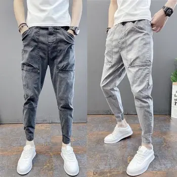 Harajuku Toamna Vara Casual Slim Japoneză Streetwear Haine Slim Cargo Hip Hop Largi Bărbați Gri Designer Decupată Blugi Pantaloni